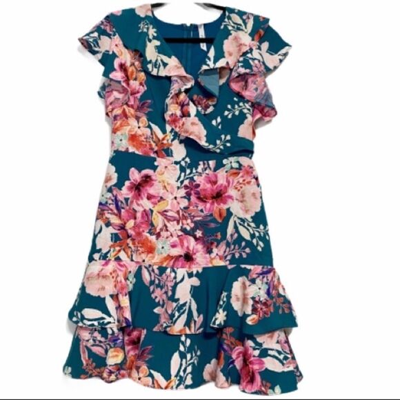 Ny Collection Teal‎ Pink Floral V Neck Dress - Picture 1 of 11